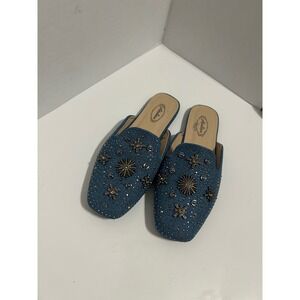 Atalina Blue Denim Embellished Mules Square Toe Studded Celestial Slides Size 7